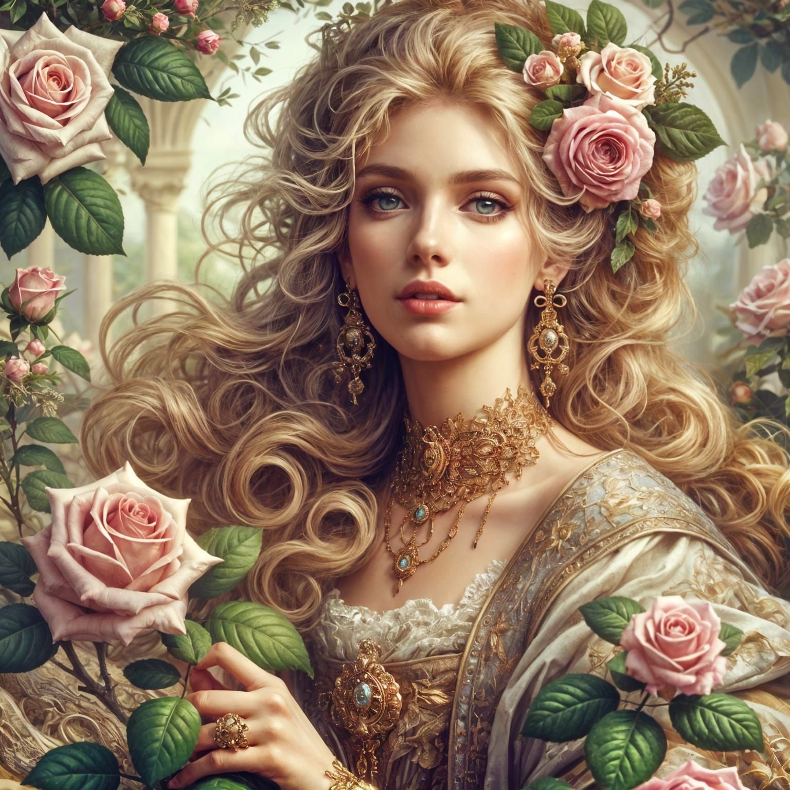 Romantic Portrait of Woman with Roses in Digital Painting