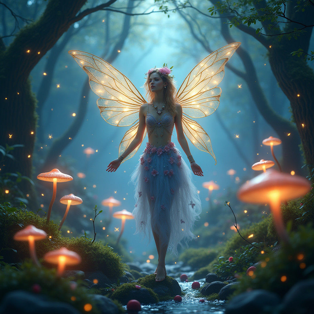 Enchanted Forest Faerie with Fireflies: Fantasy Art