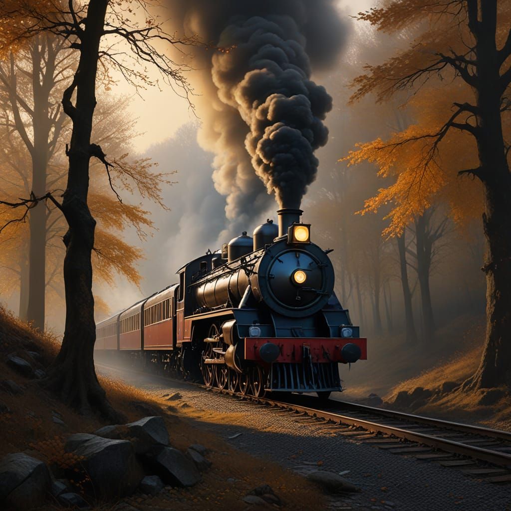 Mysterious Steam Train Rides Through Autumn Woodland in Dark...