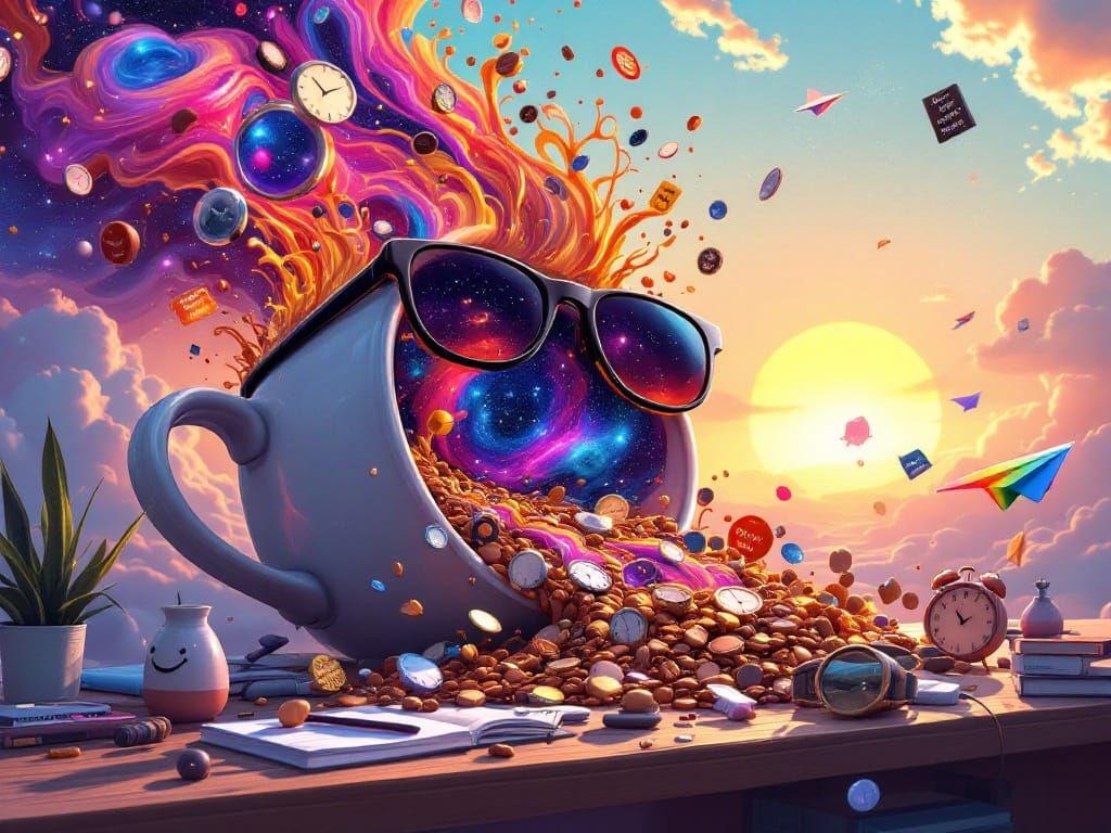 Giant Coffee Cup Spills Galaxies at Sunrise