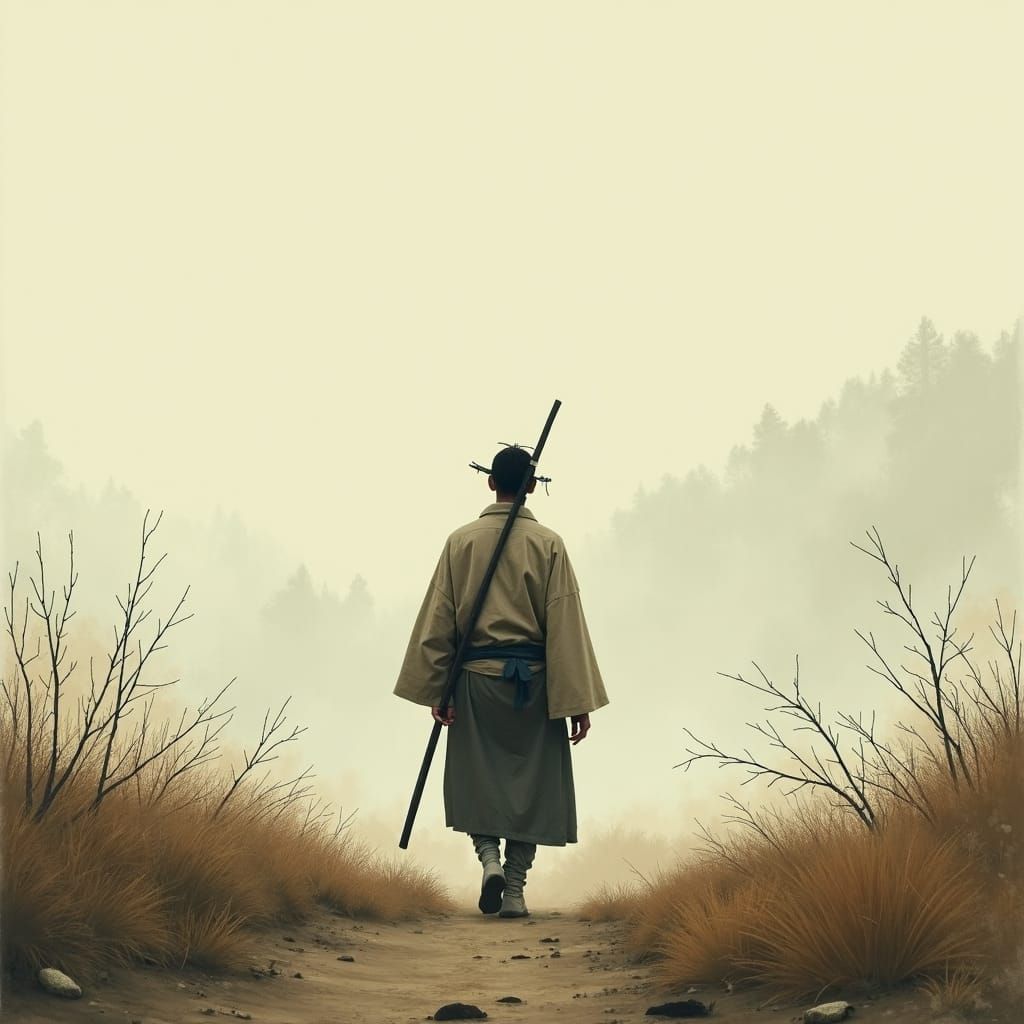 Samurai in Misty Landscape: Digital Illustration