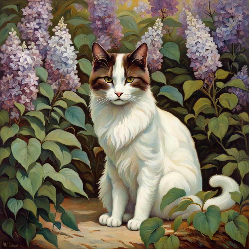 Chocolate Cat in Lilac Garden: Waterhouse Style
