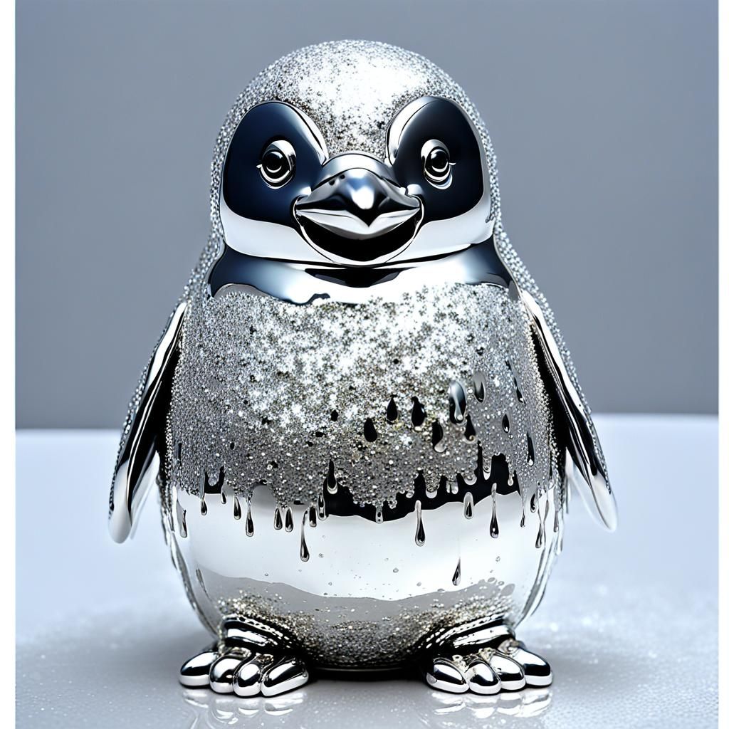 Silver Penguin Statue in Display Box, 3D Render