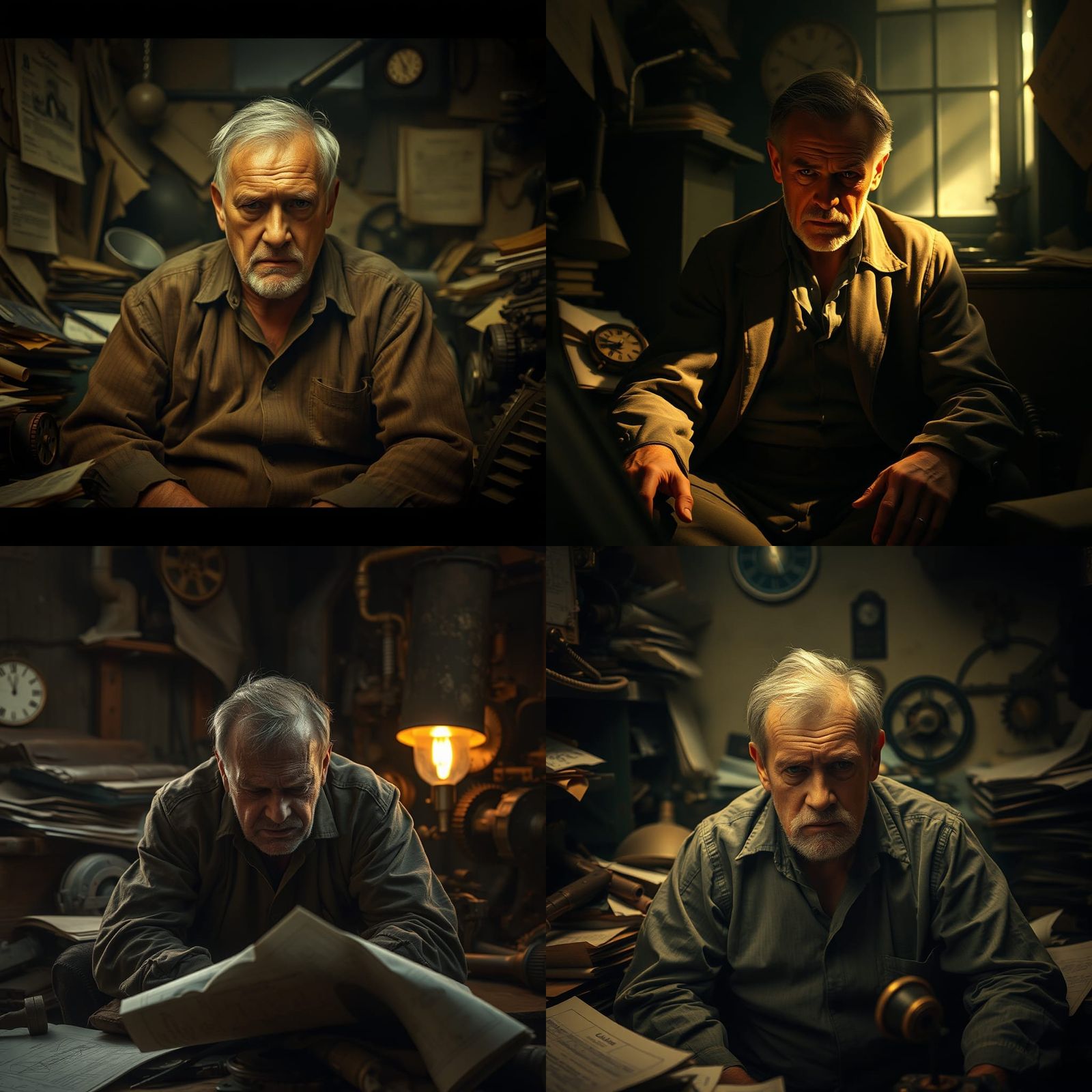 Man's Despair in Dimly Lit Steampunk Room