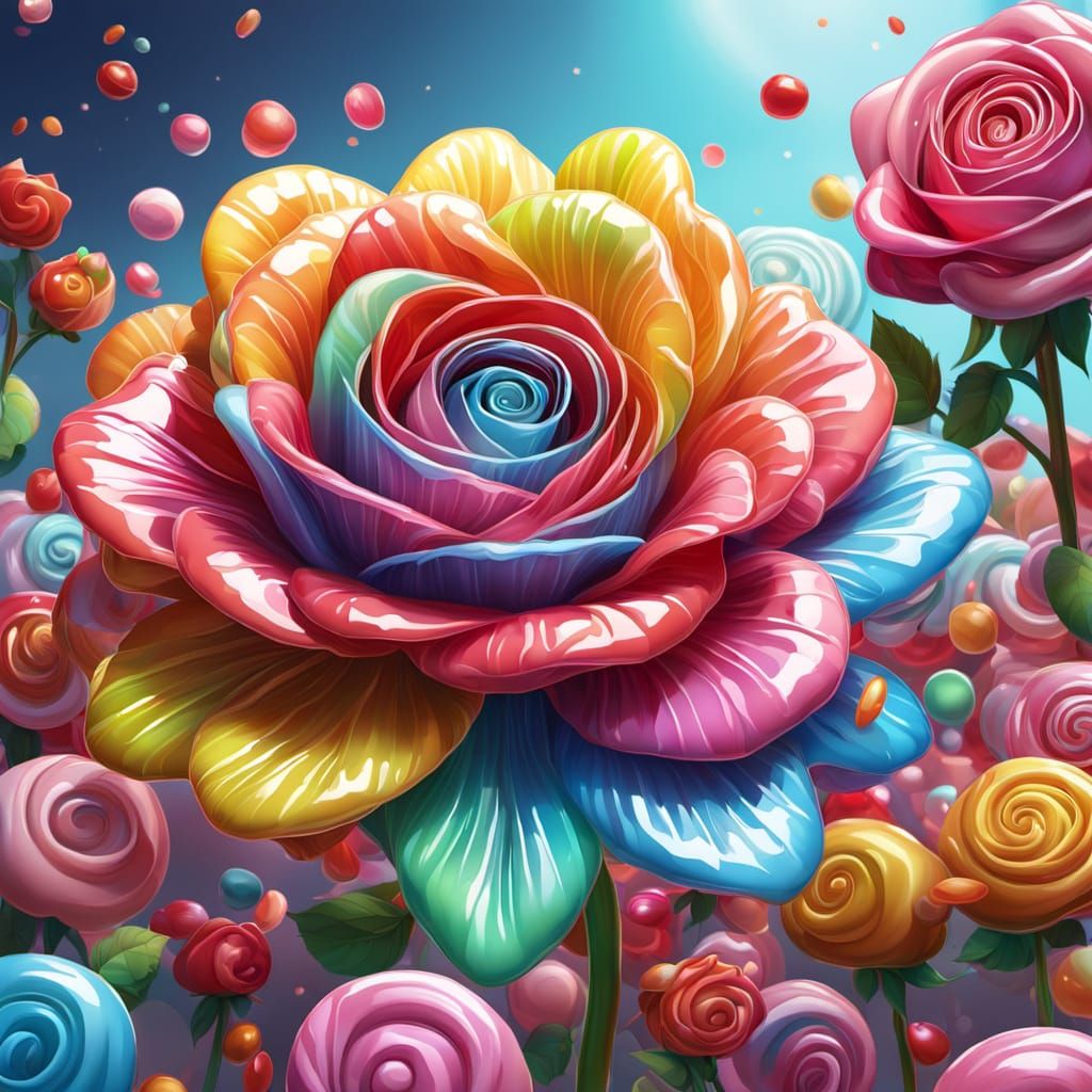 Vibrant Candyland Rose in Hyperrealistic Digital Illustratio...