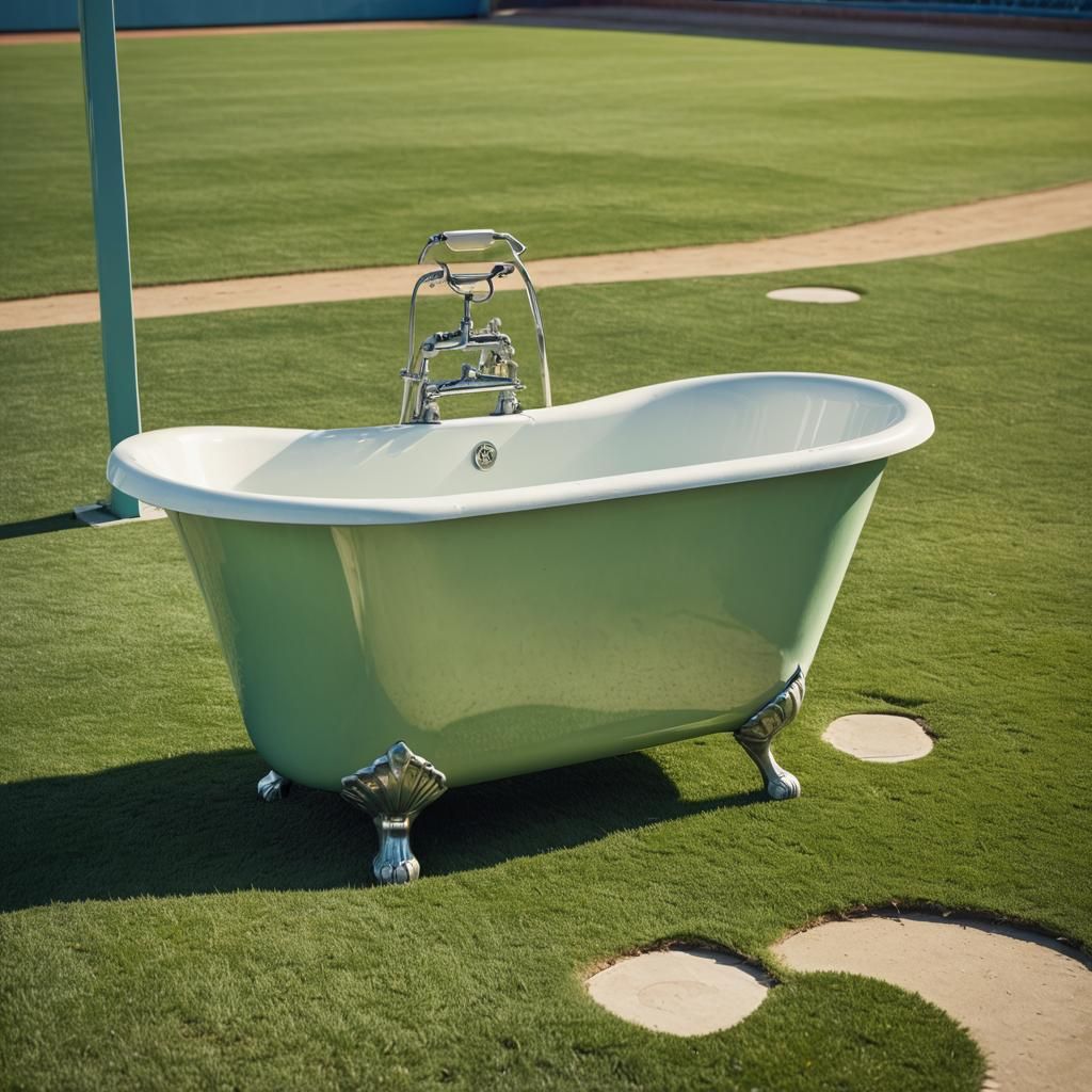 Vintage Bathtub on Dodger Stadium Field in Retro Style