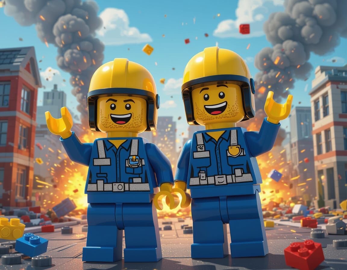 Cheerful Lego Figures Amidst City Chaos: Pixar Style