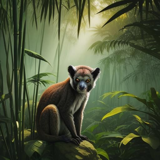 Large Bamboo Lemur in Misty Madagascar Rainforest