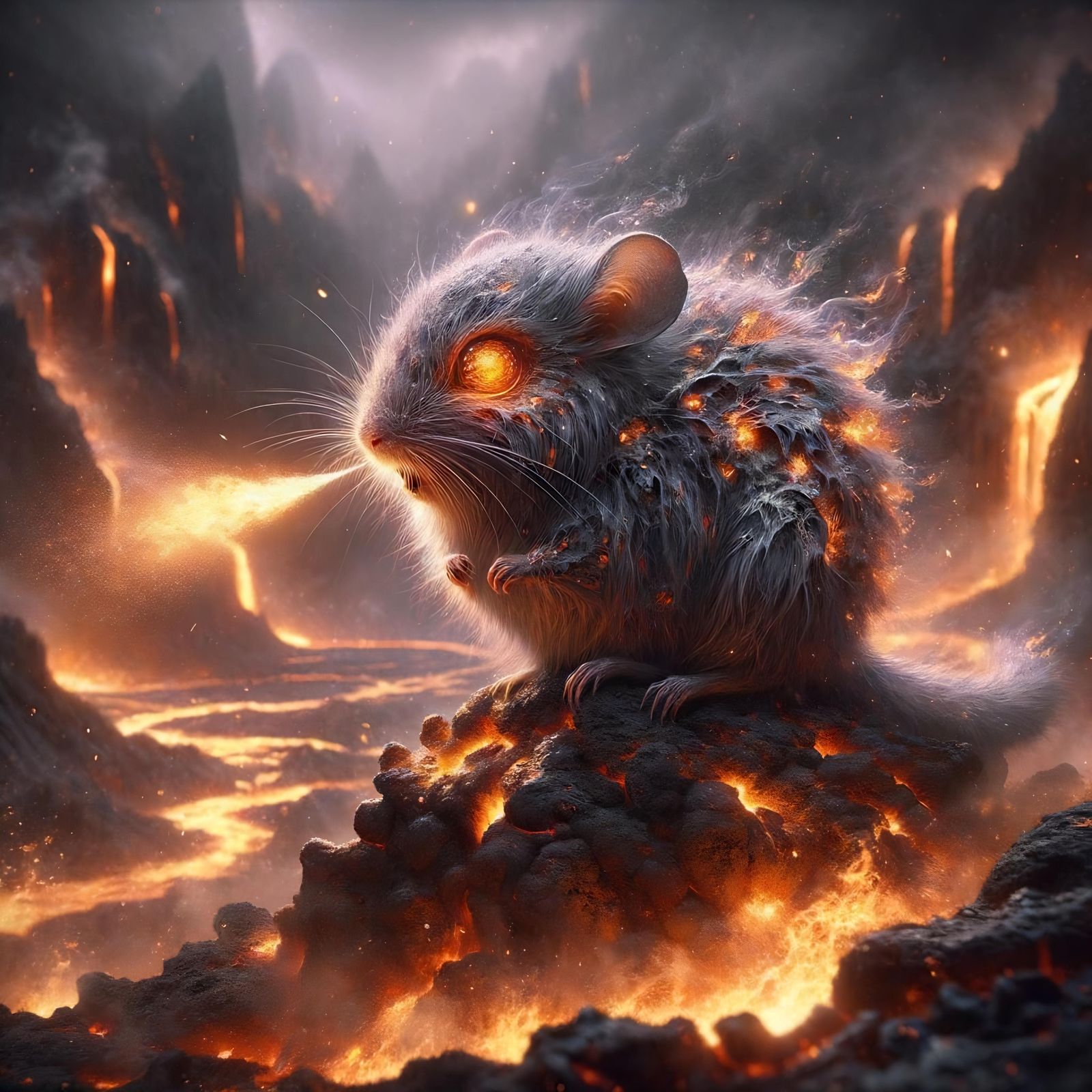 Fiery Ash Rat in Volcanic Landscape
