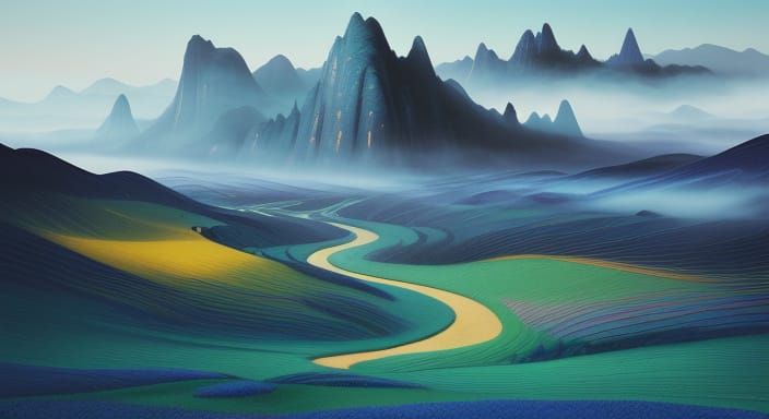 Surreal Panoramic Landscape of a Serene River Valley