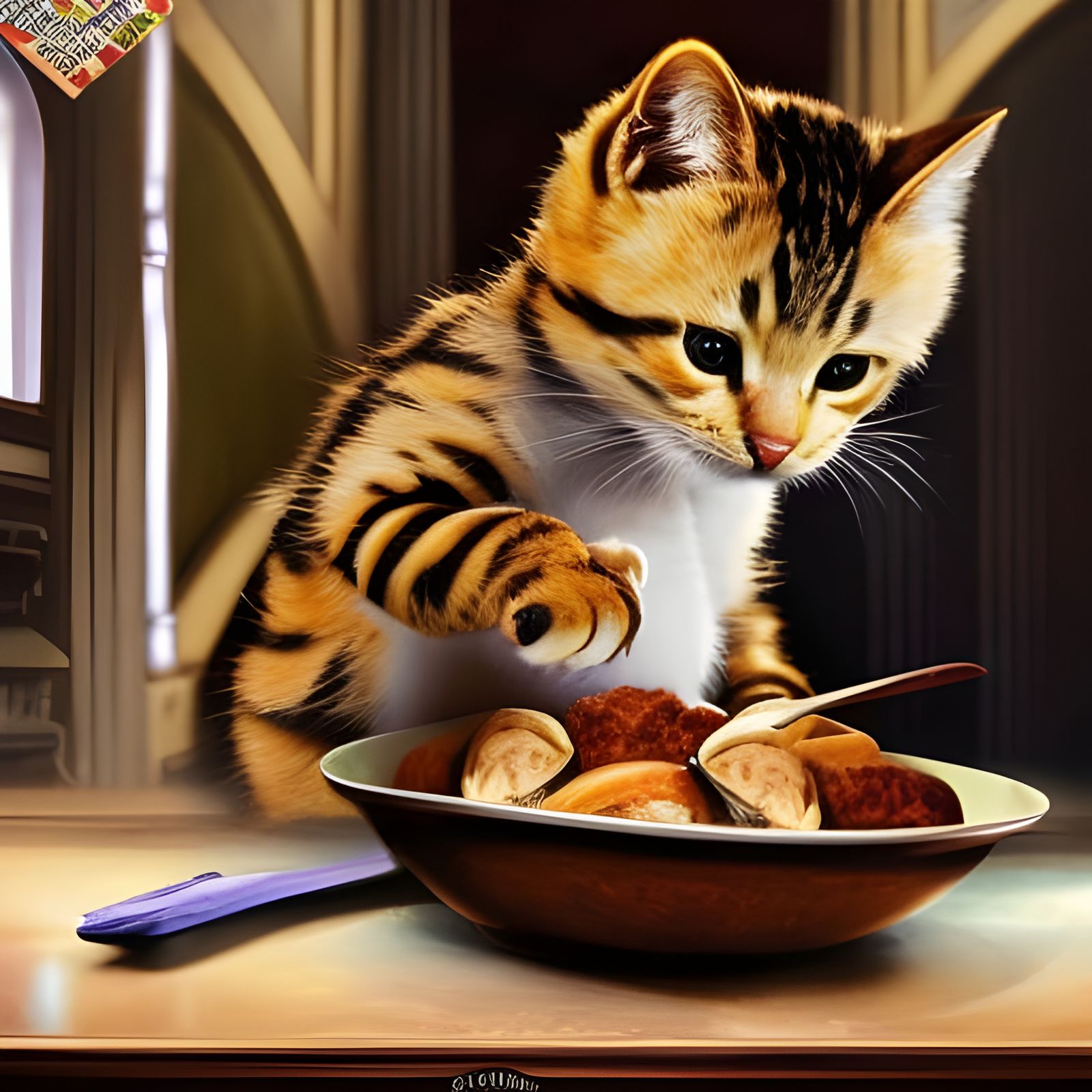 Colorful Kitten Eats Meat: Digital Matte Painting