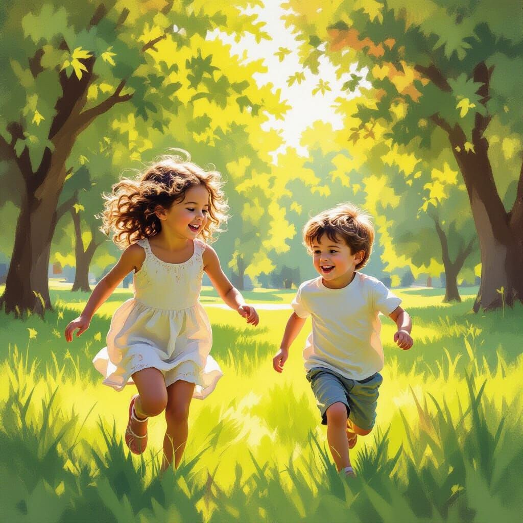 Joyful Childhood in Sunlit Park Impressionistic Oil Painting
