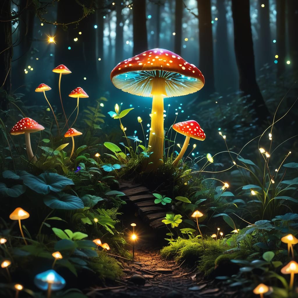 Enchanted Forest with Bioluminescent Mushroom