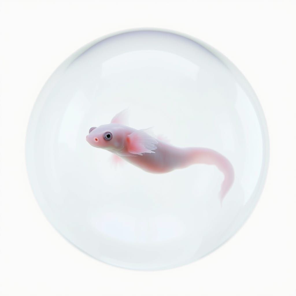 Surreal Pink Axolotl in Weightless Water Bubble