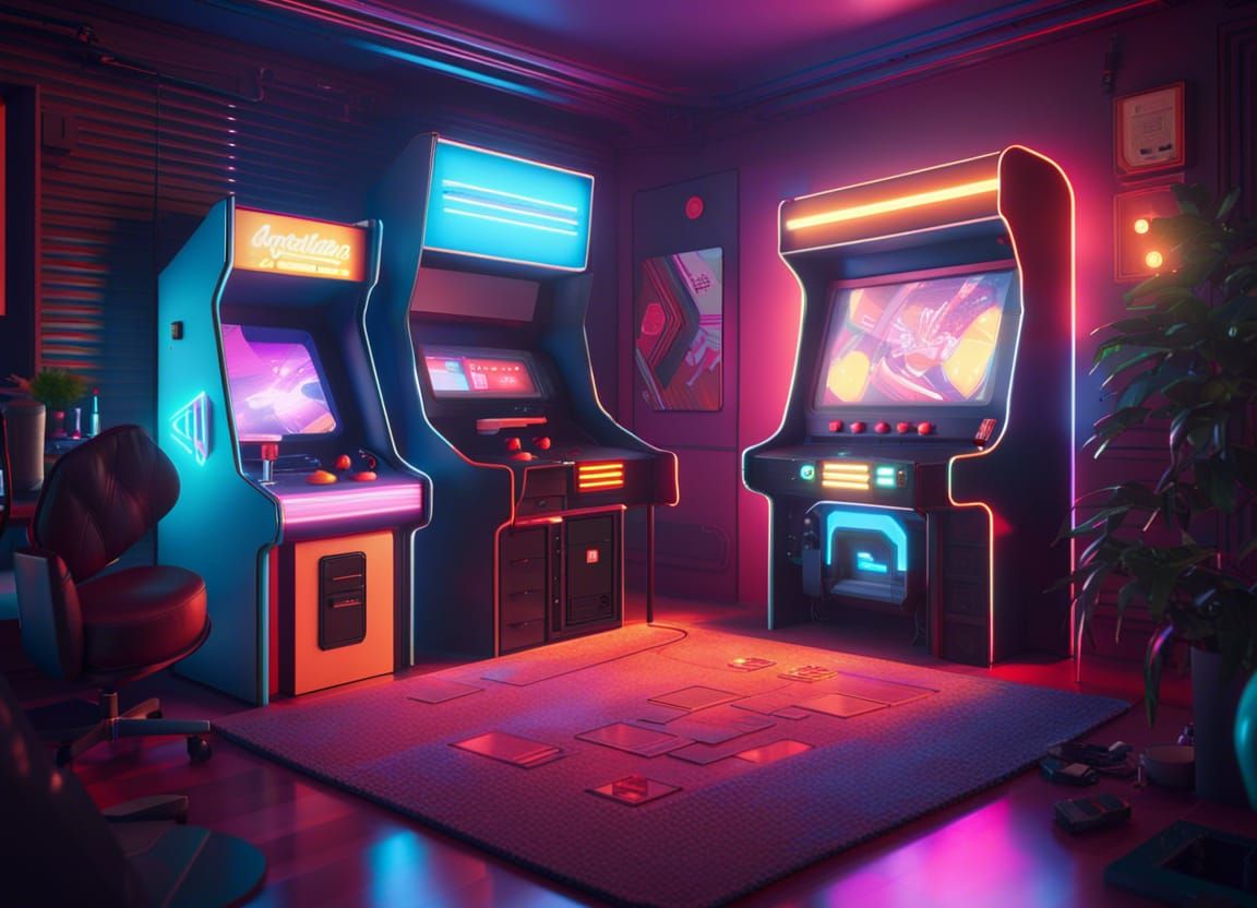Retro Arcade Bedroom Interior in Cyberpunk Style