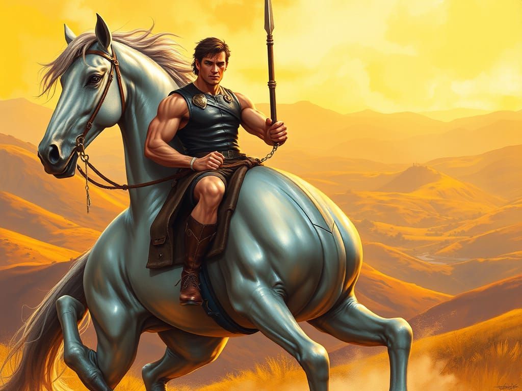 Confident Warrior Rides Majestic Five-Legged Steed in Golden...