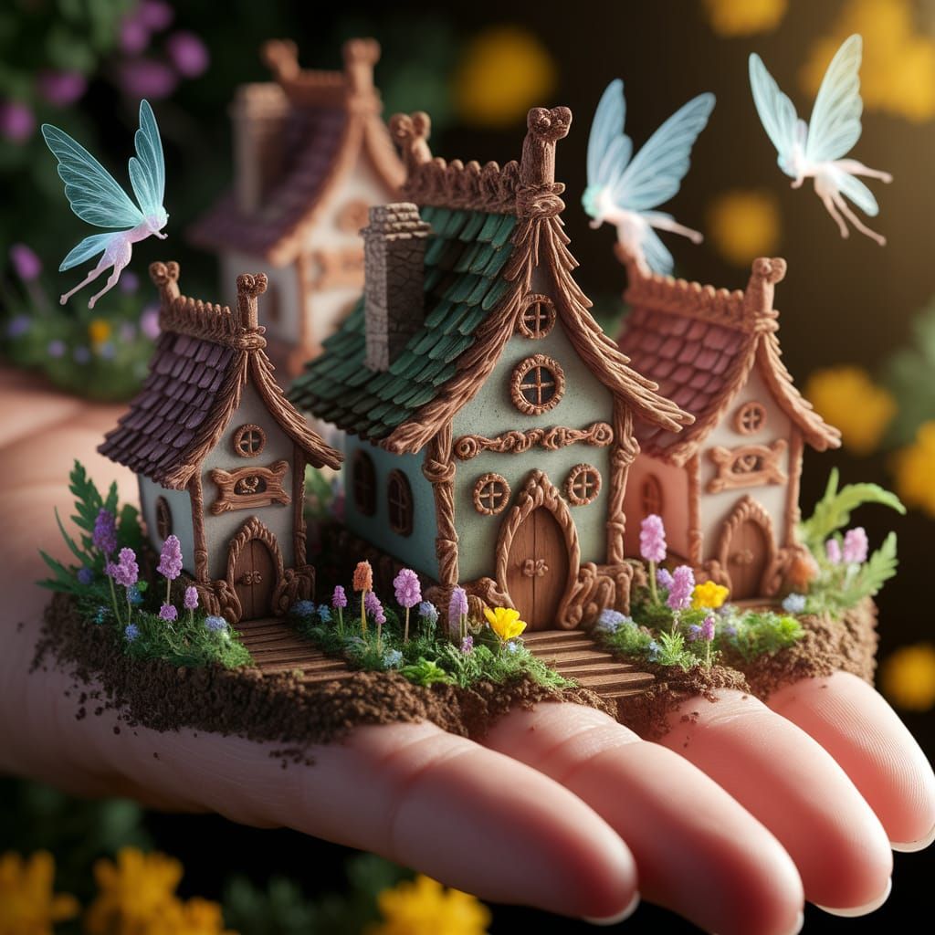 Enchanting Fairy Village on Human Hand