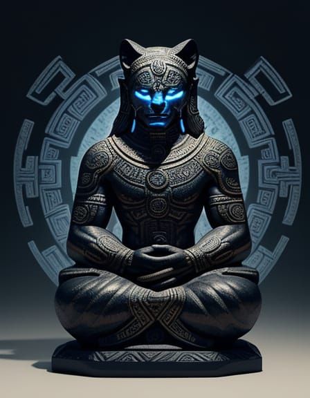 Obsidian Jaguar Statue with Shaman and Glowing Mayan Symbols