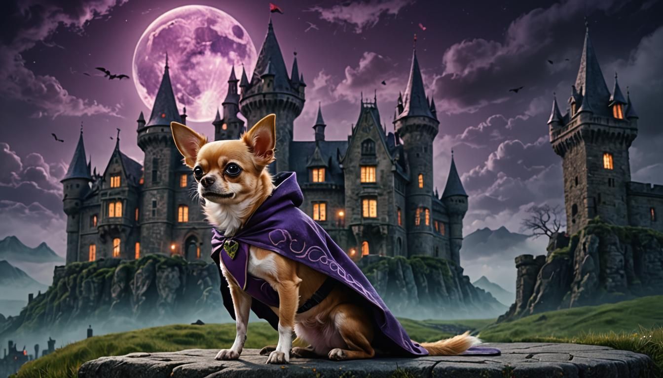 Spooky Chihuahua Guards Transylvanian Castle in Epic Fantasy