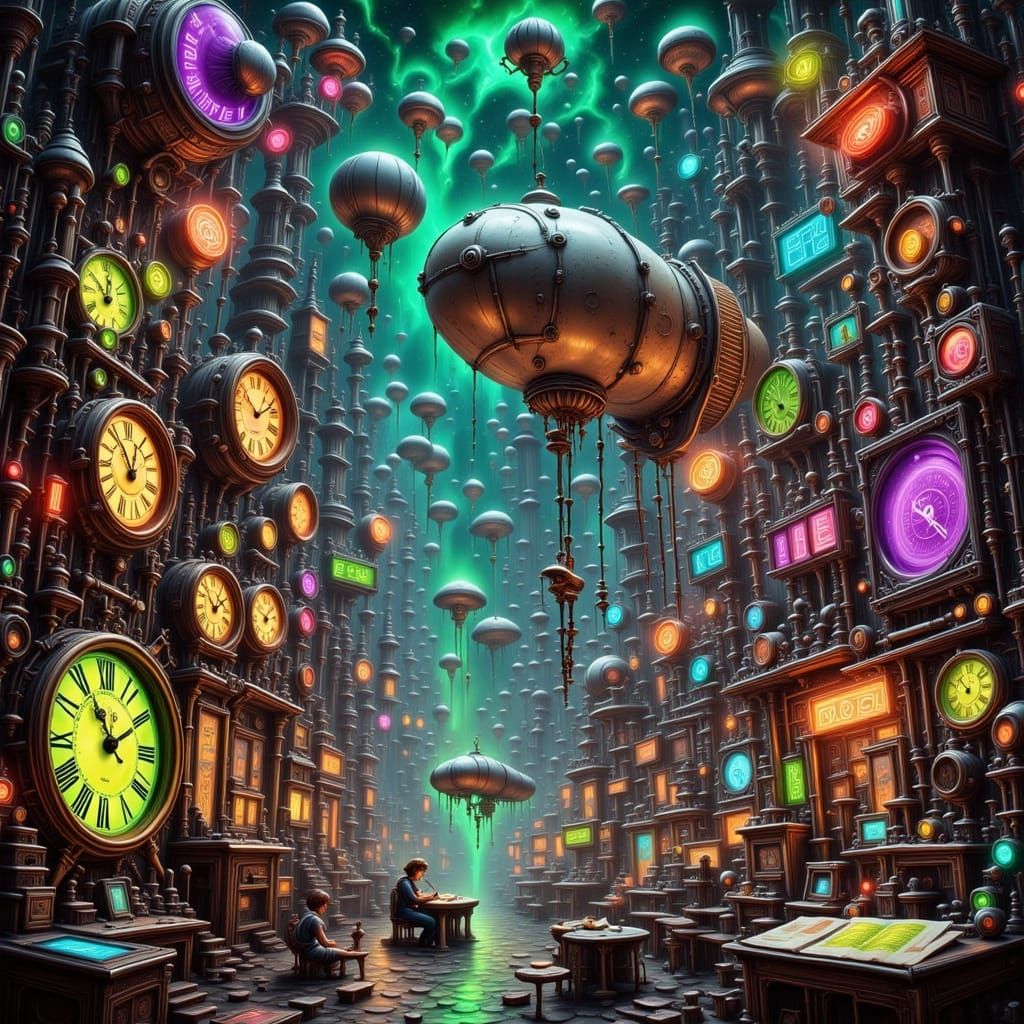 Steampunk Cityscape with Clockwork and Neon Lights