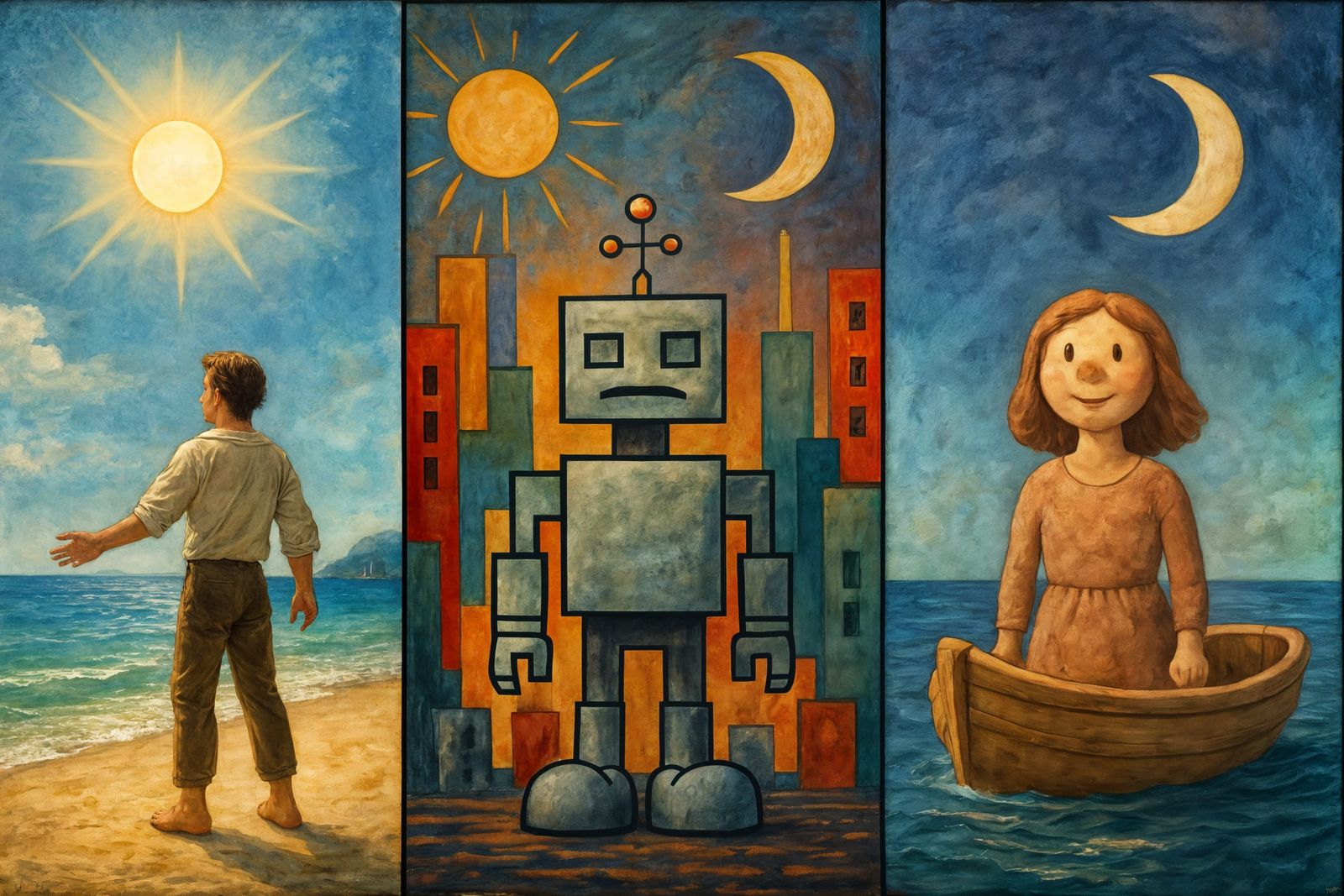 Triptych Painting: Romanticism, Retro-Futurism, Watercolor C...