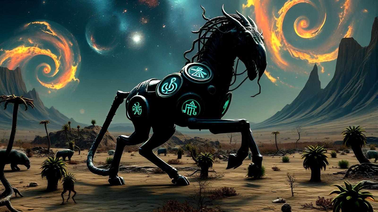 A grotesque bio-mechanical centaur strides through a desolate, alien landscape.