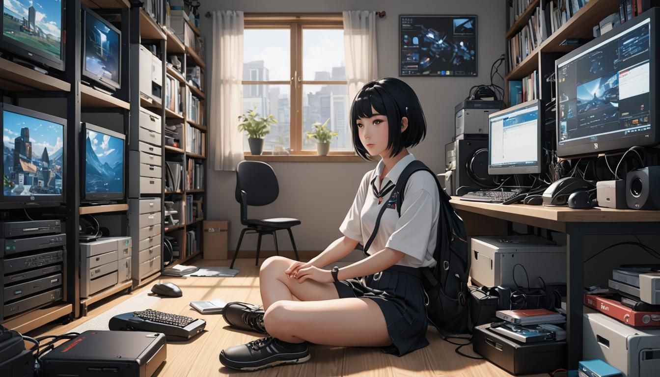 Anime Student Surrounded by Computers in 3D Art