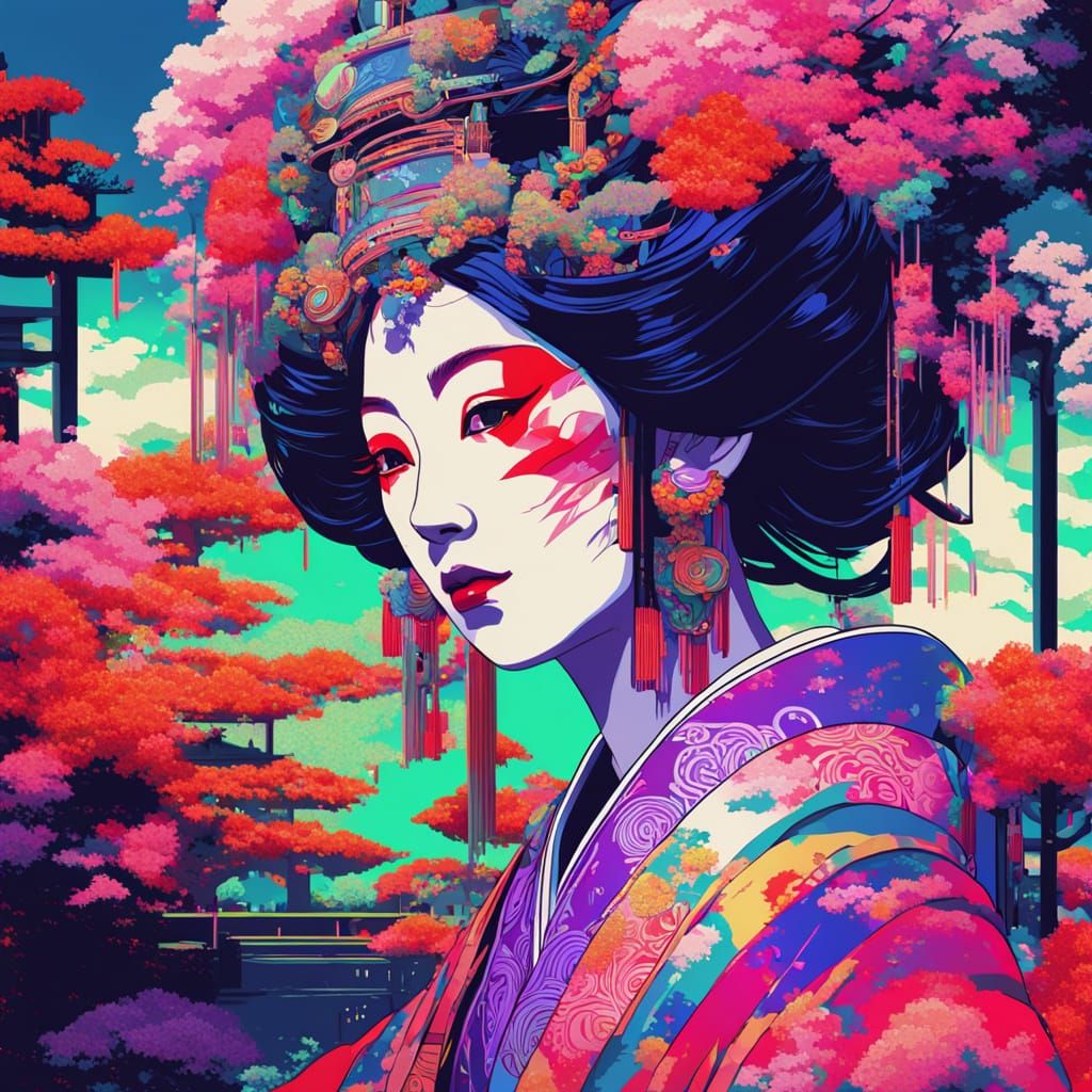 An oiran in the garden Neon glitch art style