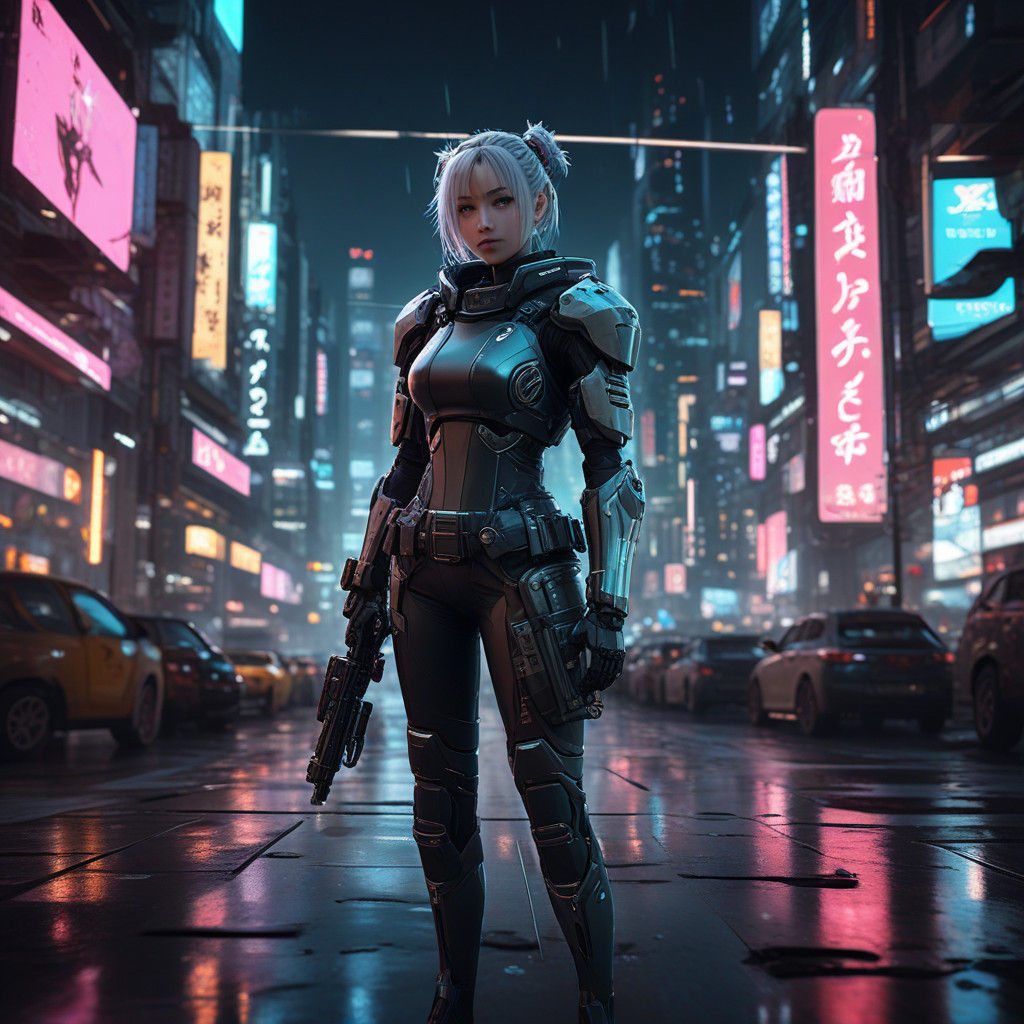Cyberpunk Fighter in Neon-Lit Cityscape