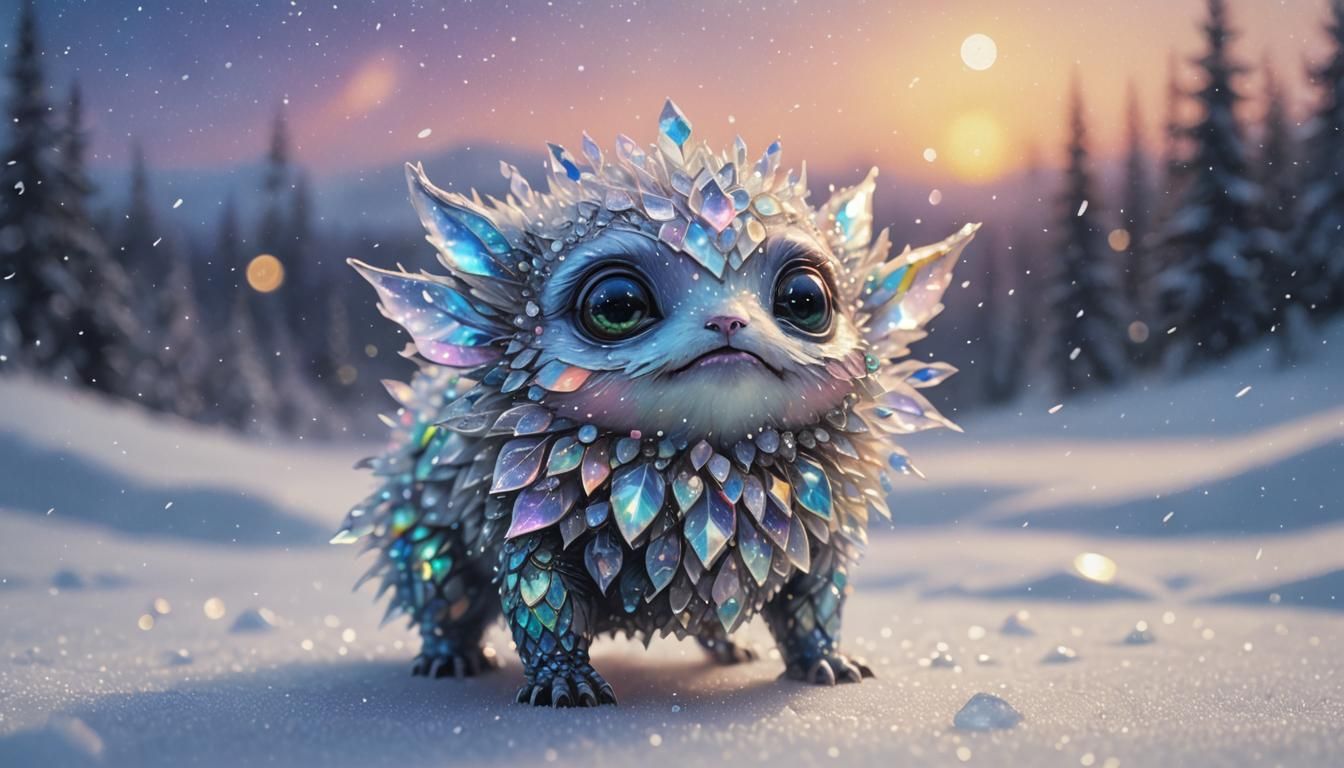 Iridescent Crystal Creature in Snowy Sunset Oil Painting