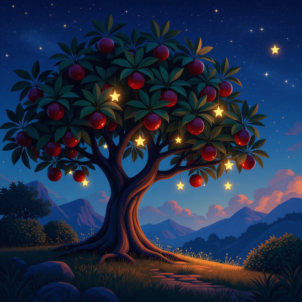 Fantastical Tree with Fruit and Glowing Stars