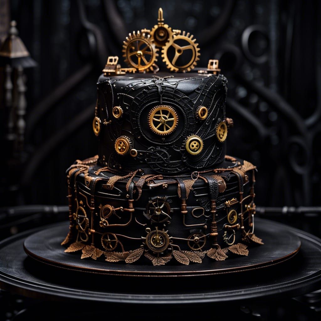 Goth cake on top of a black wooden table that looks steampunk with black office background, hyperdetailed, intricately d...