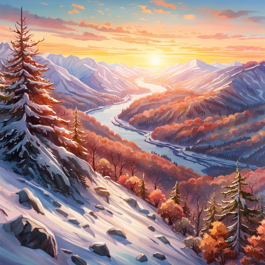 Watercolor Sunrise Over Snowy Mountain Landscape