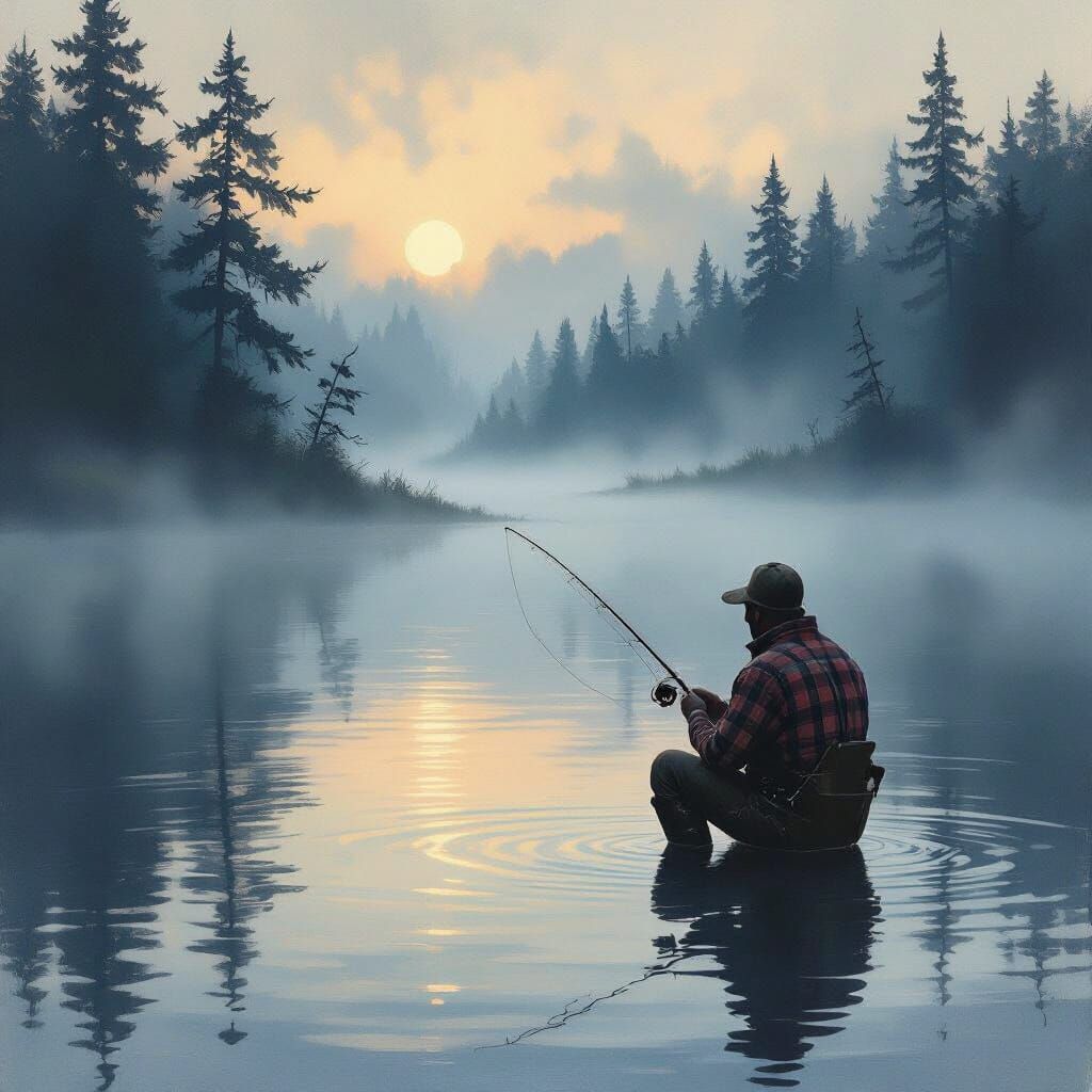 Misty Lake Fisherman: Hudson River School Painting