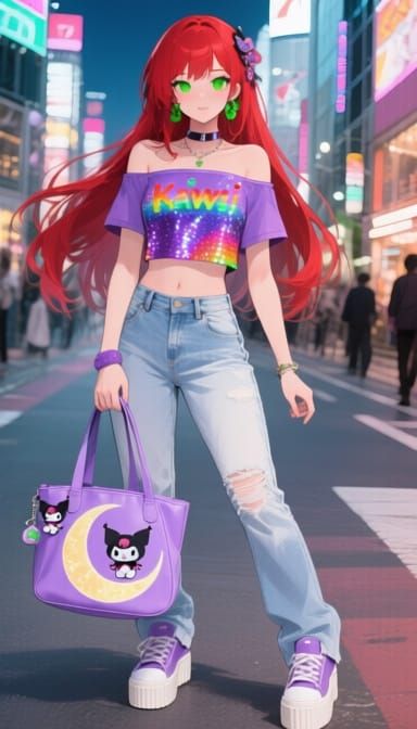 Trendy Y2K Woman in Shibuya, Anime-Inspired Hyperrealism