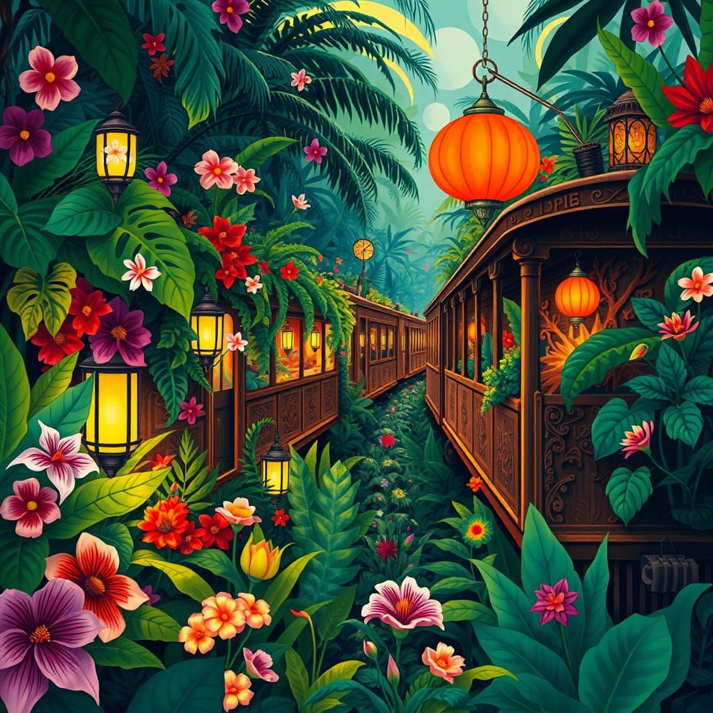 Vibrant Jungle Train in Naive Landscape Style