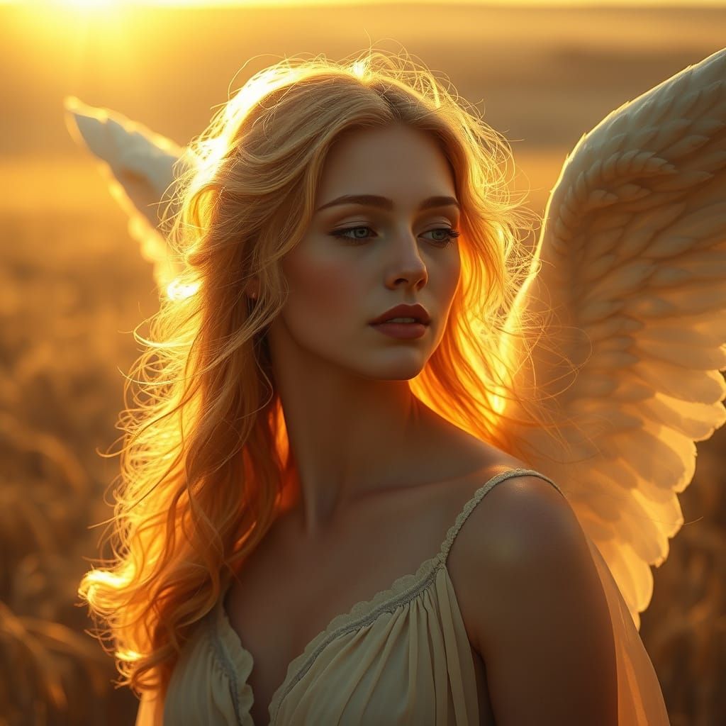 Angelic Figure Gazes at Sunlit Wheat Field in Golden Light
