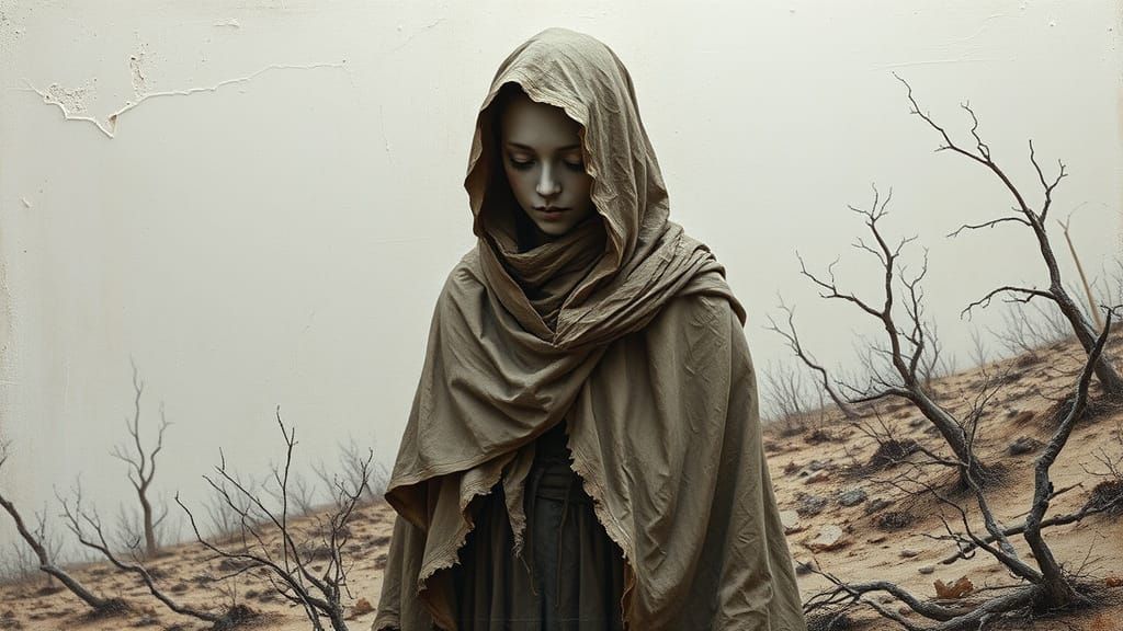 Figure in Barren Landscape: Mixed Media Art