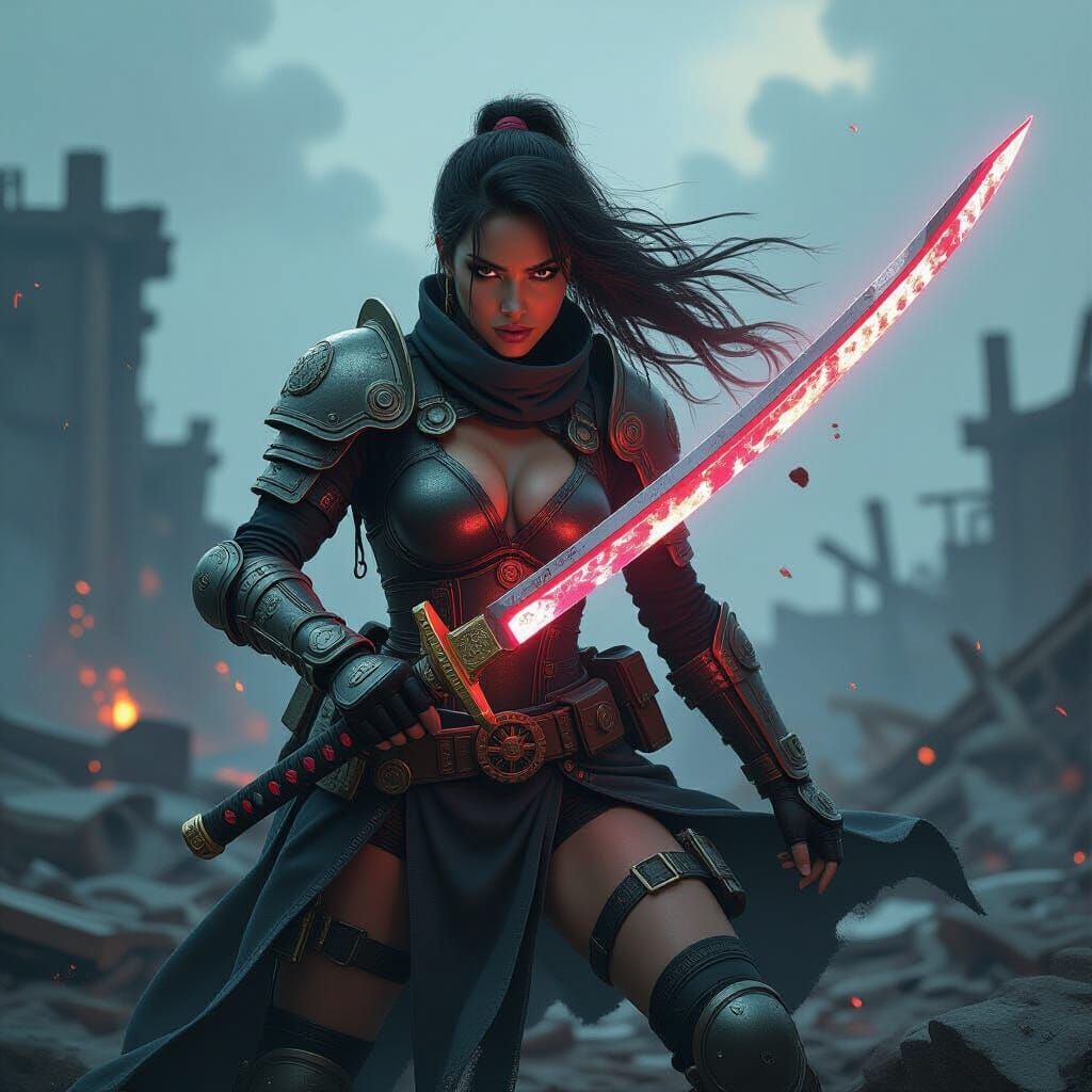 Steampunk Warrior with Cyberpunk Katana on Battlefield