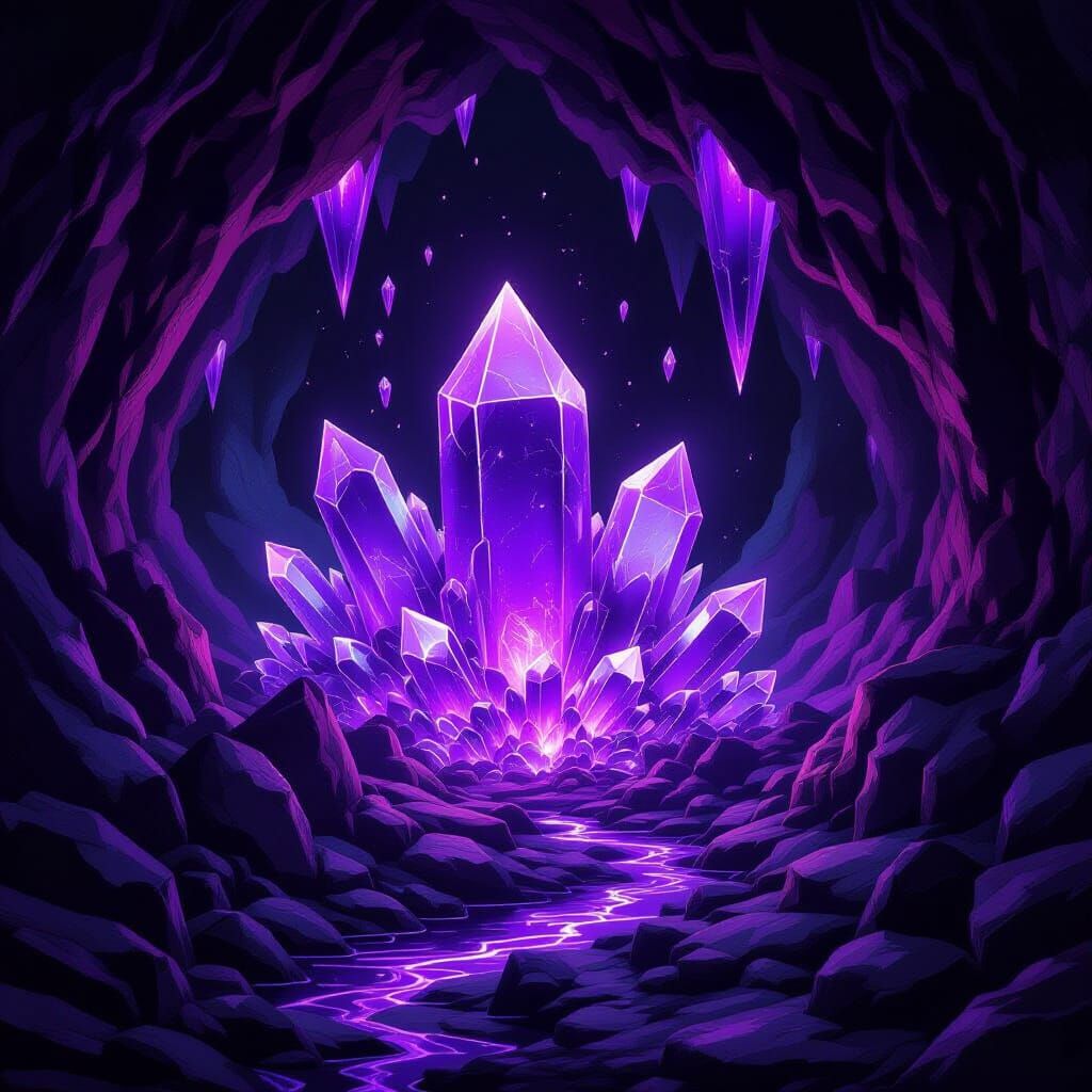 Ominous Purple Crystals in Dark Cavern
