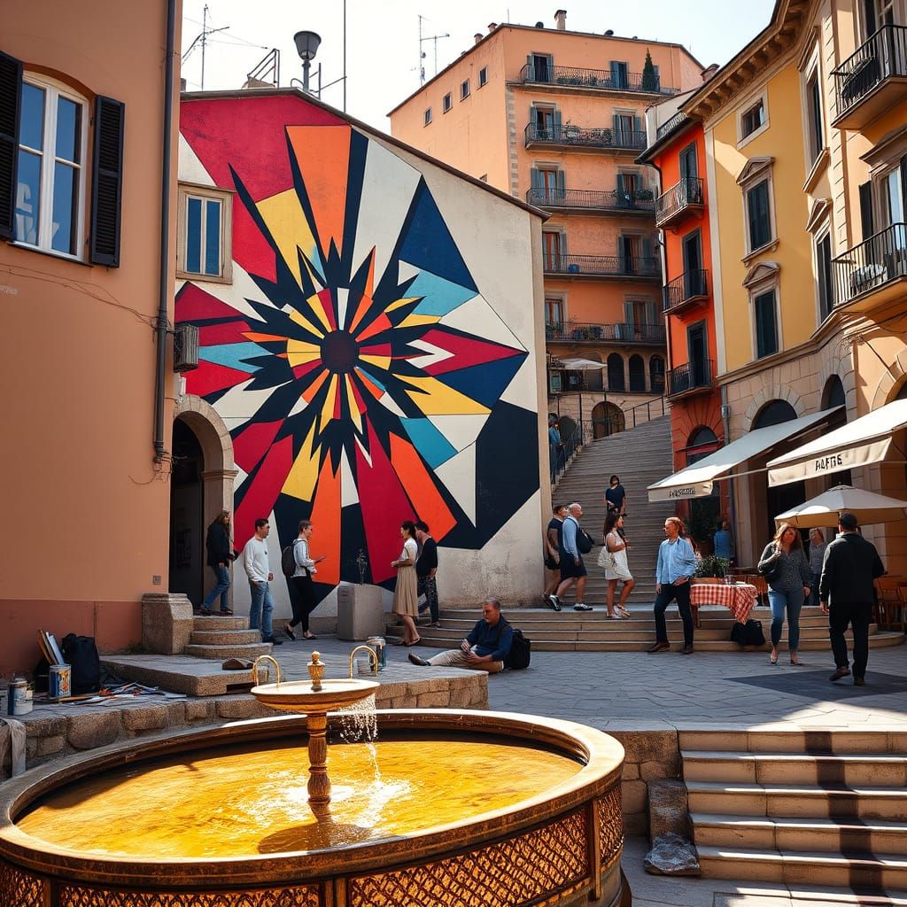 Vibrant Geometric Street Art in Charming Small Town