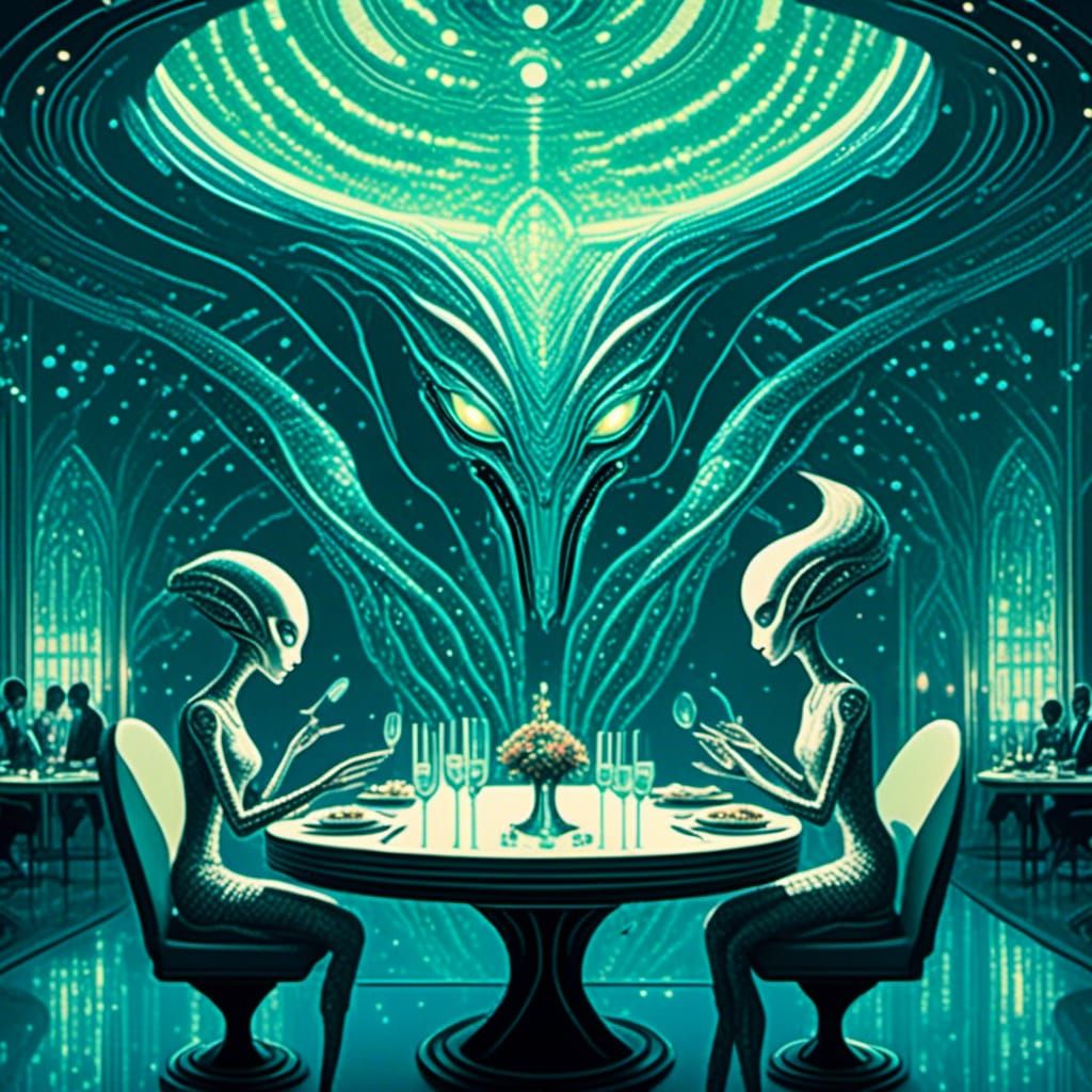 Elegant Aliens Dine in Futuristic Restaurant