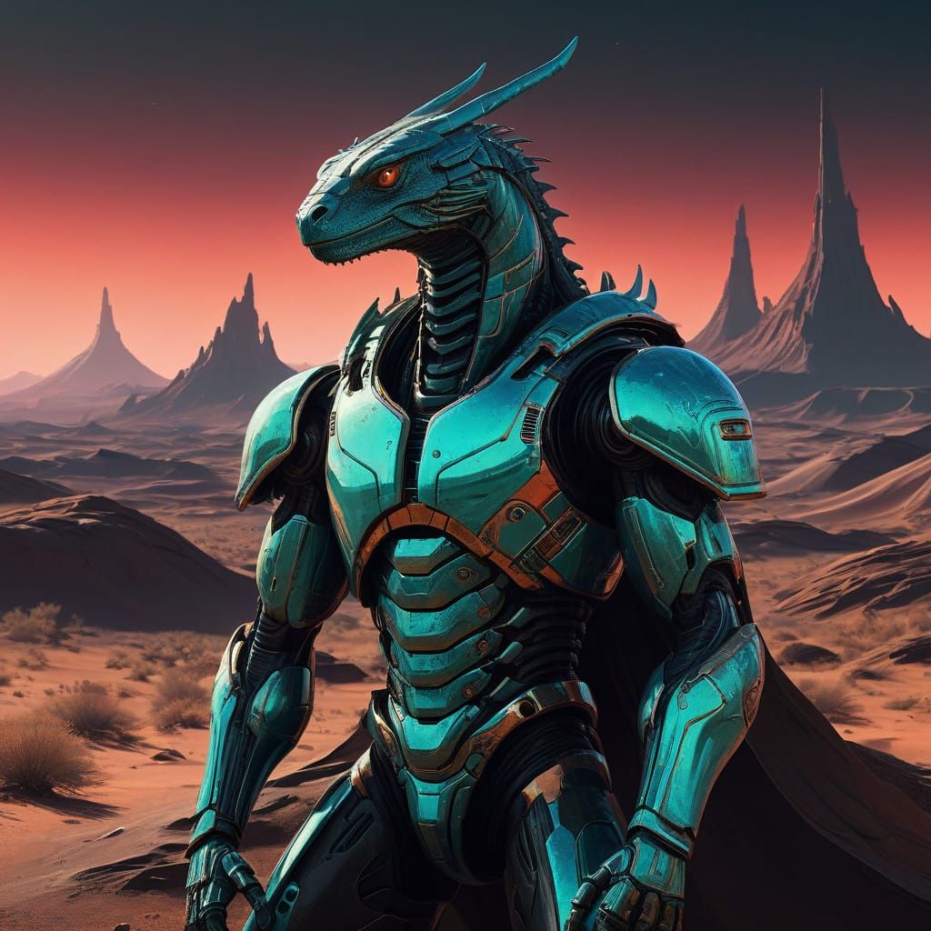 Heroic Turquoise Lizard in Crimson Nightsky with Biomechanic...