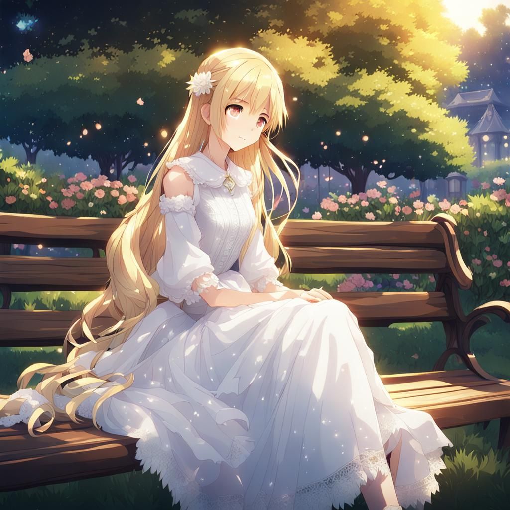 Blond Girl in Garden, Anime Drawing Style