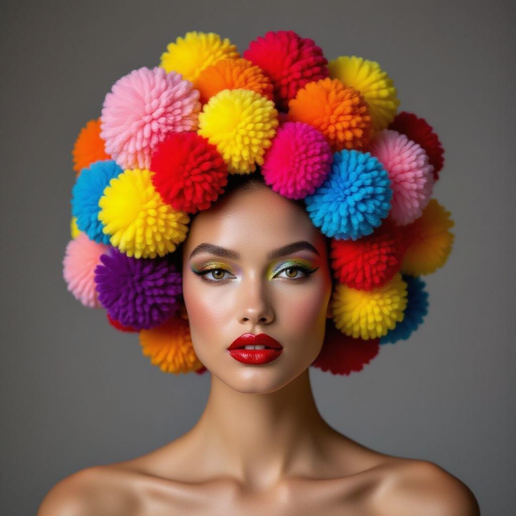 Colorful Yarn Pom-Pom Headpiece in High-Fashion Editorial St...