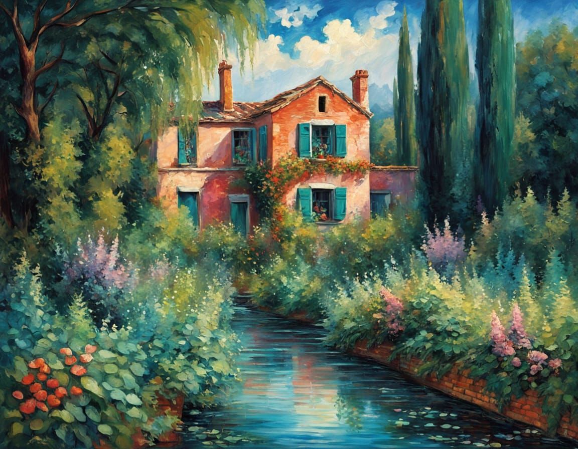 Majestic Vine-Covered Houses by Stream