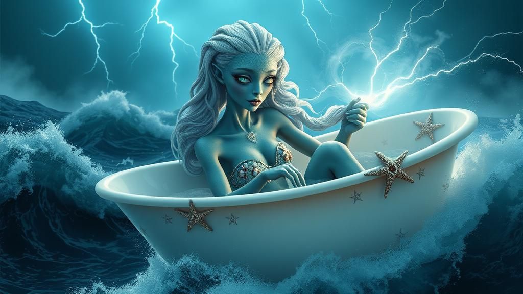 Serene Alien Hauling Lightning in Stormy Seas