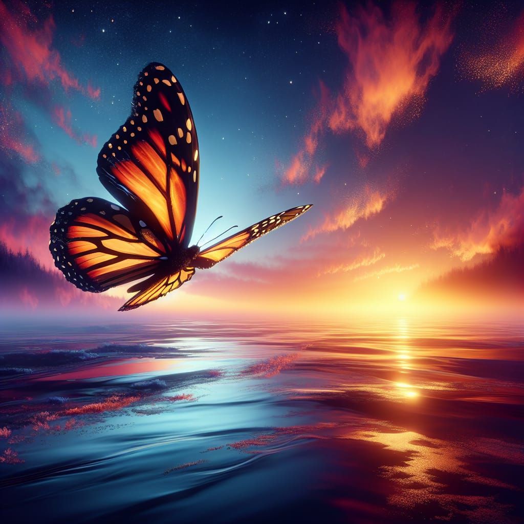 Monarch Butterfly Gracefully Gliding Over Ocean: Fantasy Art