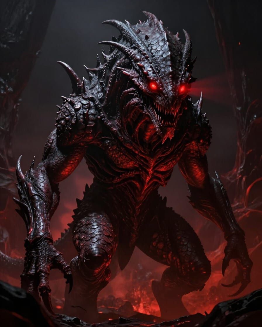 Colossal Reptilian Beast with Glowing Red Eyes in Dark Fanta...