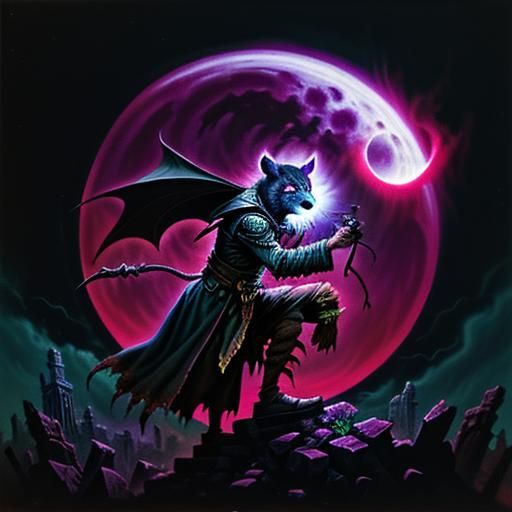 Savage Flying Rabid Racoon Bat Bloodstained Wizard skull staff Greek ruins dark rainy thunder deep color oil painting de...